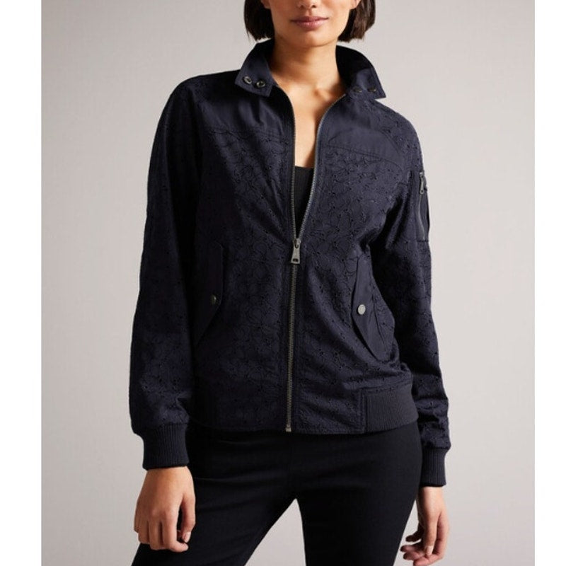 Ted Baker Larsine Coated Lace Bomber Jacket In Navy, size 3/L