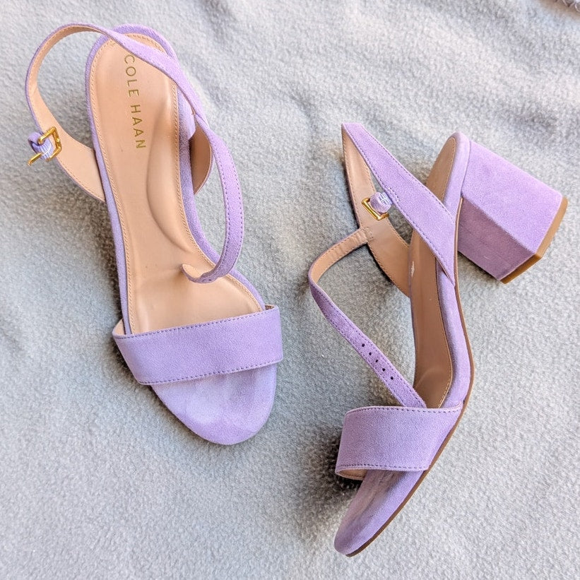 Cole Haan Purple Josie Block Heel Suede Slingback Sandals, size 7.5B