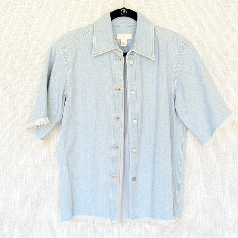 COS Frayed Short-Sleeved Denim Shirt Womens 4 Blue Cotton Contrast Button-Up