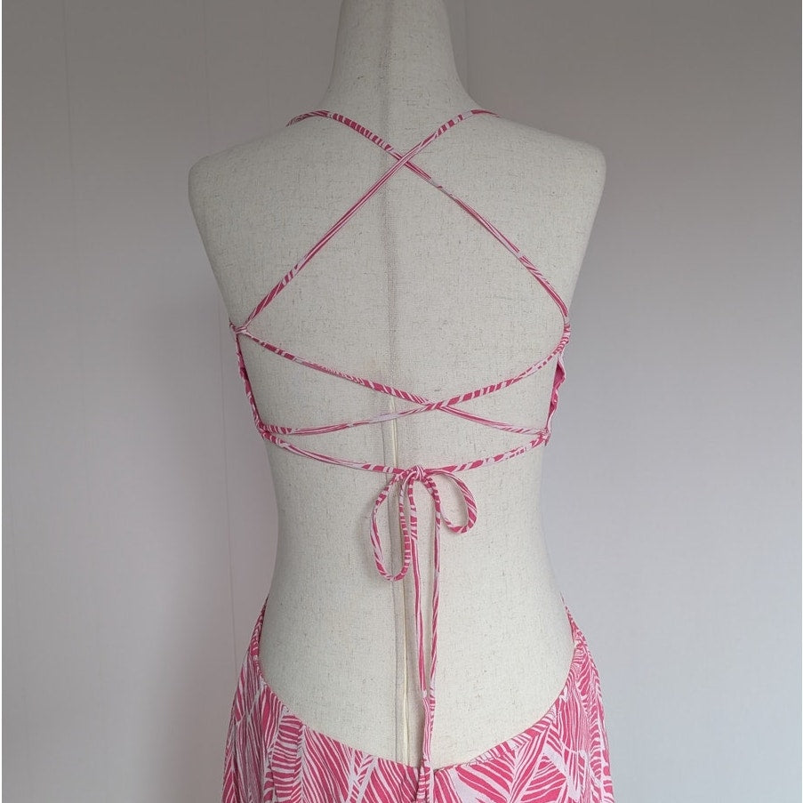 Lovers + Friends Makena Fuchsia Leaf Print Midi Sleeveless Dress, size L