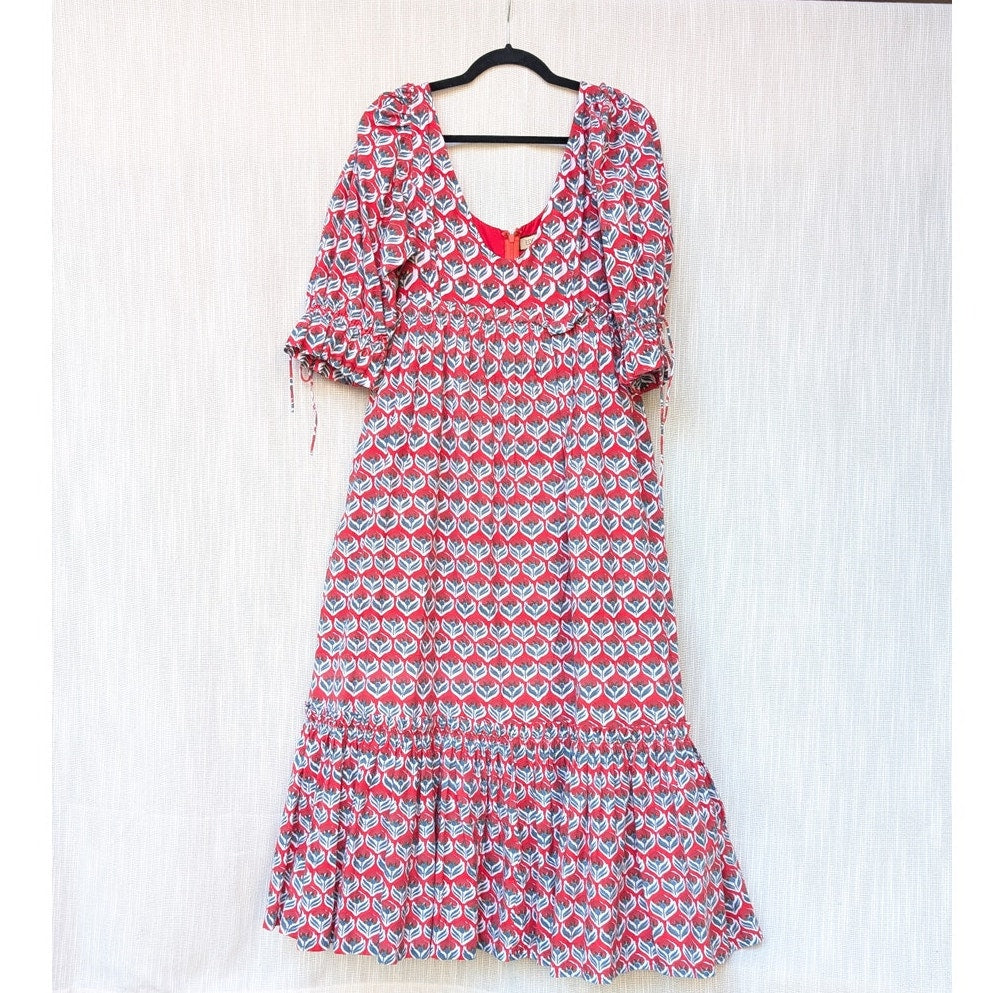 Eddy Hayley Red Floral Print Puff Sleeve Cotton Tiered Midi Dress, size L