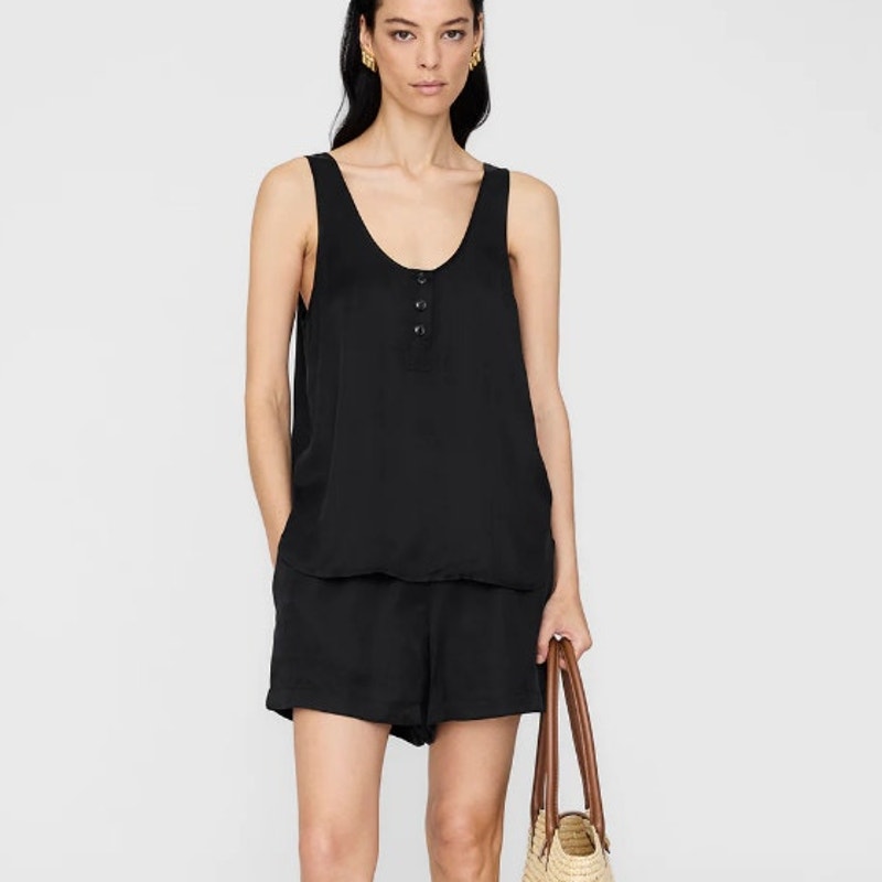 Anine Bing Evy Top Womens S Washed Black Henley Sleeveless Relaxed Tunic Polo