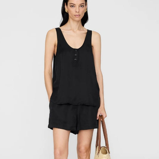 Anine Bing Evy Top Womens S Washed Black Henley Sleeveless Relaxed Tunic Polo