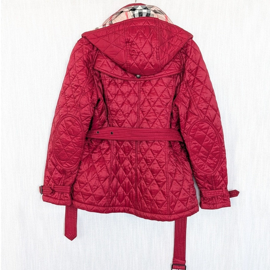 Burberry Finsbridge Red Quilted Hooded Belted Jacket Womens L Full Zip