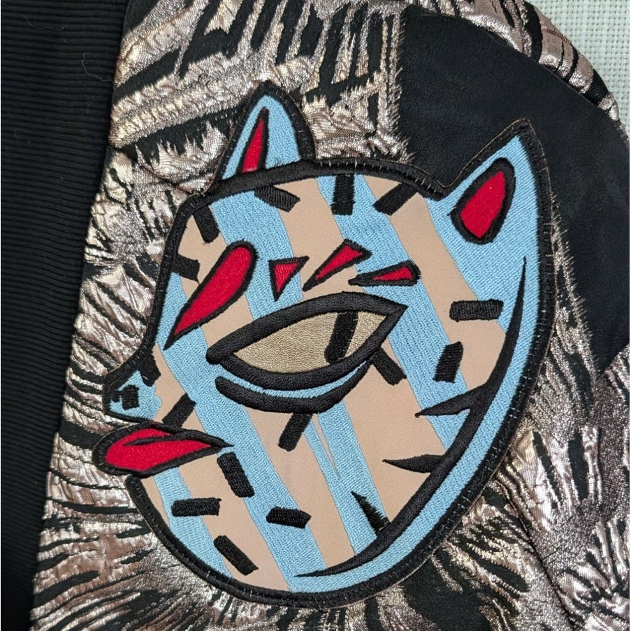 Katya Dobryakova Cat Appliqué Metallic Kimono Bomber Jacket M