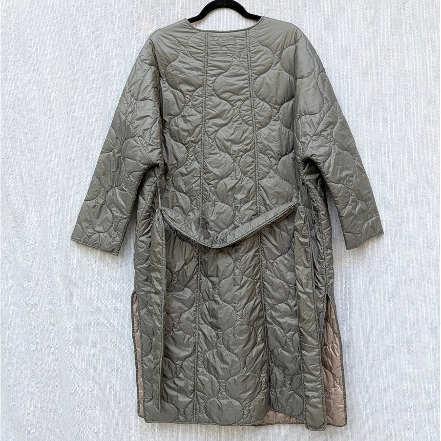 Carbon38 Long Quilted Trench Coat Jacket Women Sz S Olive Nylon Snap Front FA22