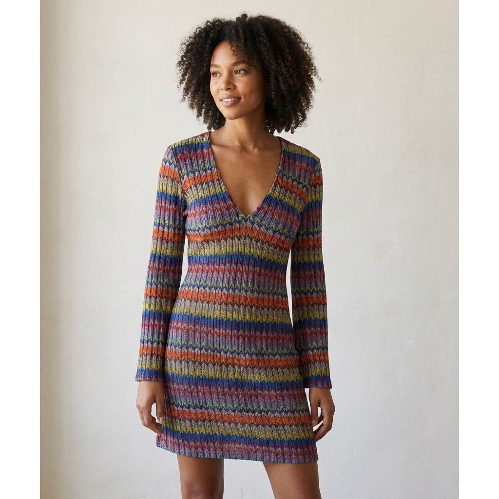 Ramy Brook Maya Striped Zigzag Flare-Sleeve A-line Mini Dress, size XXS