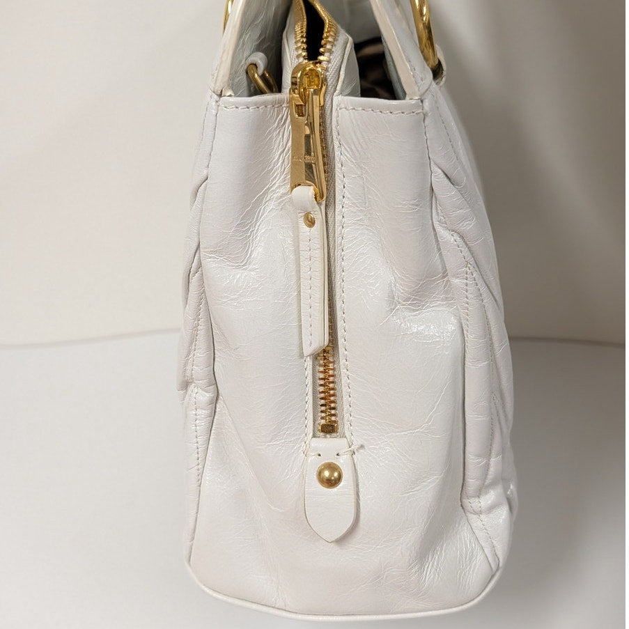 Miu Miu Matelassé Leather Handbag in White Quilted Logo Crossbody Strap