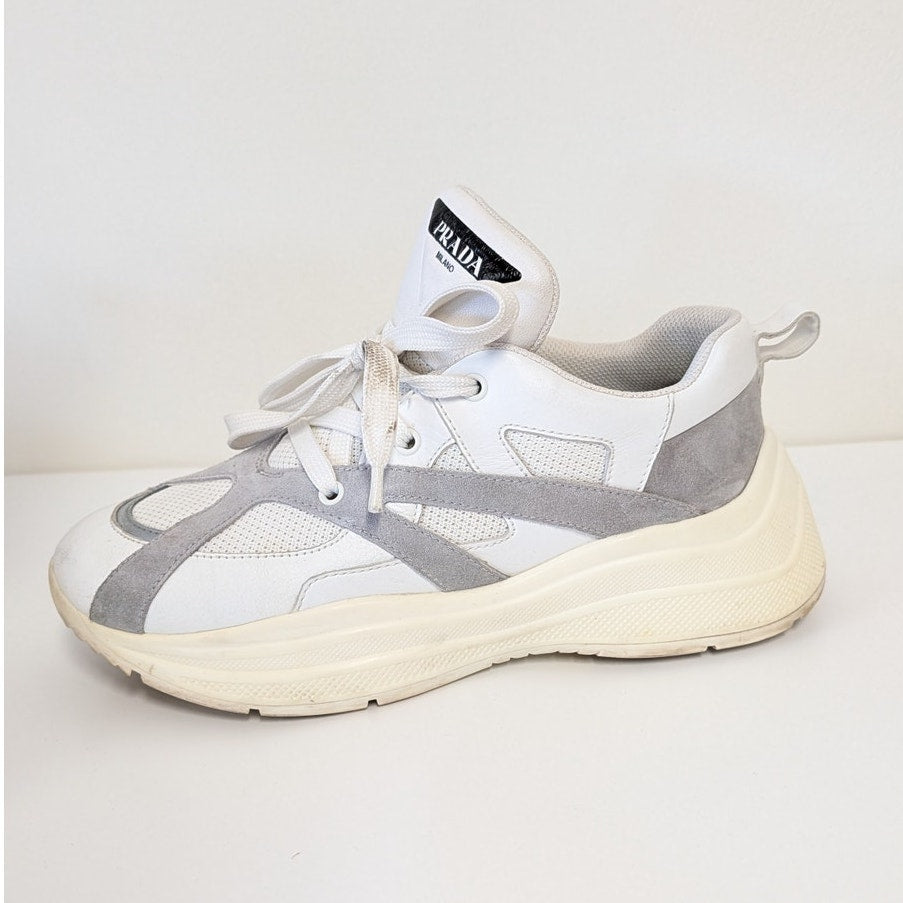 Prada 1E909L Leather Sneakers Womens EU39.5/US 9.5 White Low Top Striped