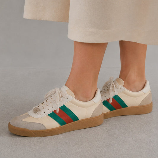 Gucci G74 Web Low Sneakers 6.5M/8.5W/EU40 Oatmeal Striped Suede Logo Lace Up