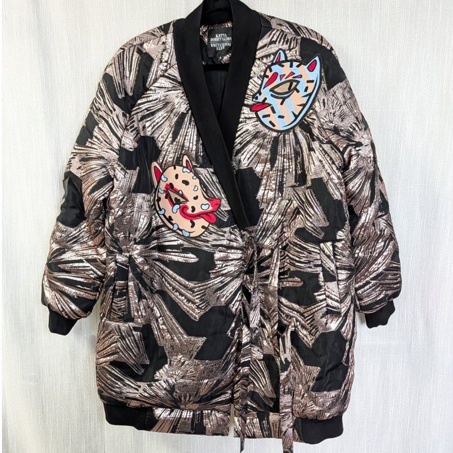 Katya Dobryakova Cat Appliqué Metallic Kimono Bomber Jacket M