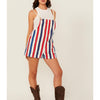 Show Me Your Mumu Striped Trude Romper Denim Short Overalls, size XS