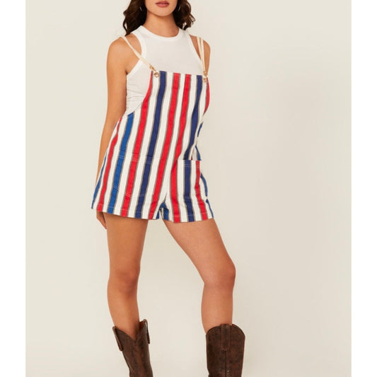 Show Me Your Mumu Striped Trude Romper Denim Short Overalls, size XS