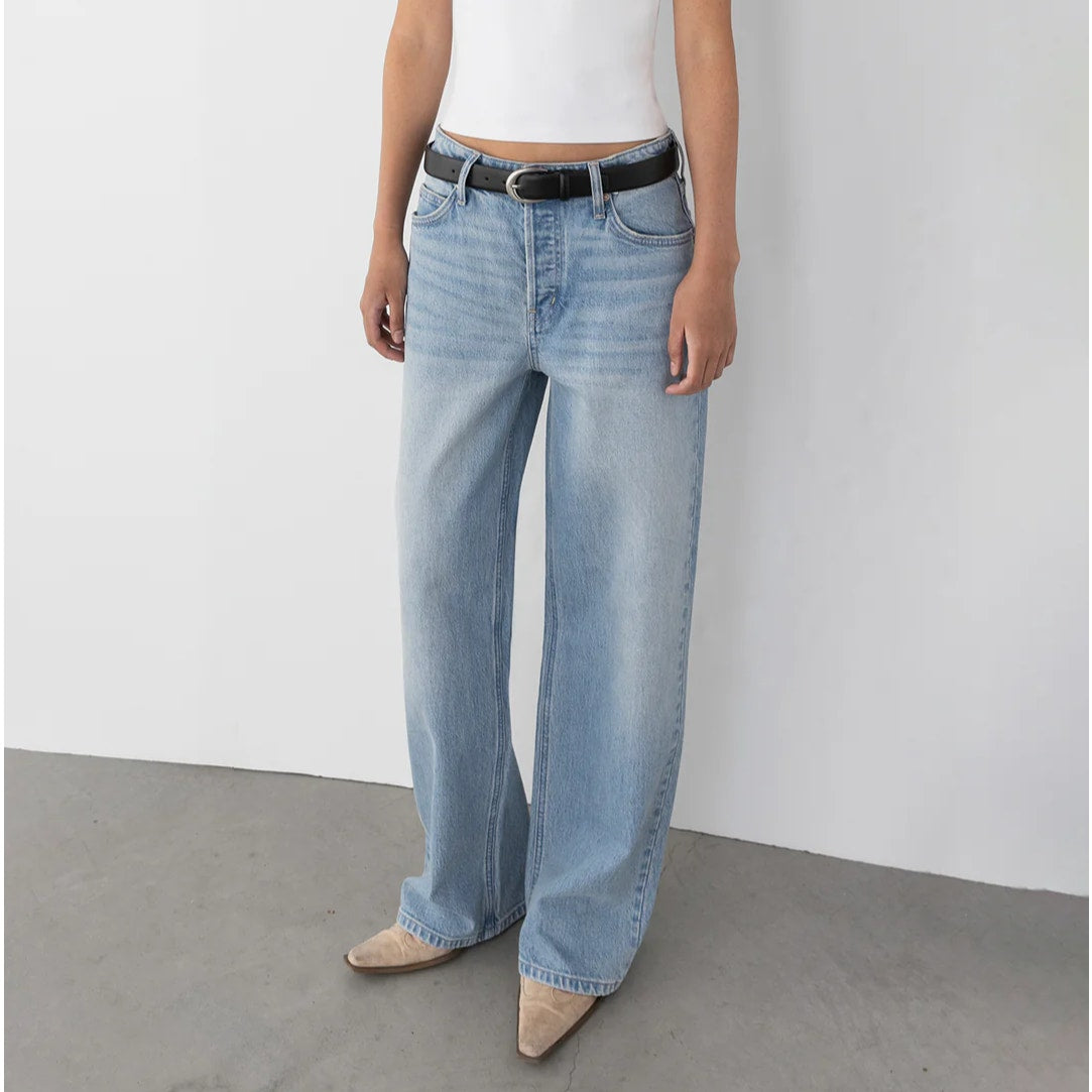 Oak + Fort Blue Denim Straight Leg Relaxed Fit Jeans in medium Stone, size 27