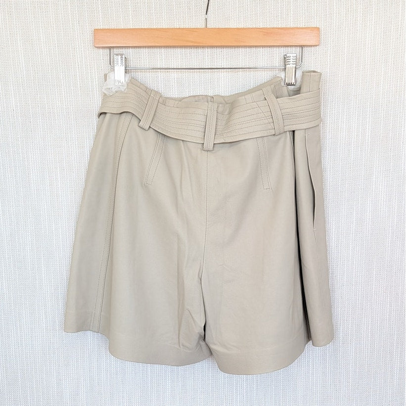 Vince Stitched-belt Lamb Leather Shorts Womens 10 Light Dove High-rise