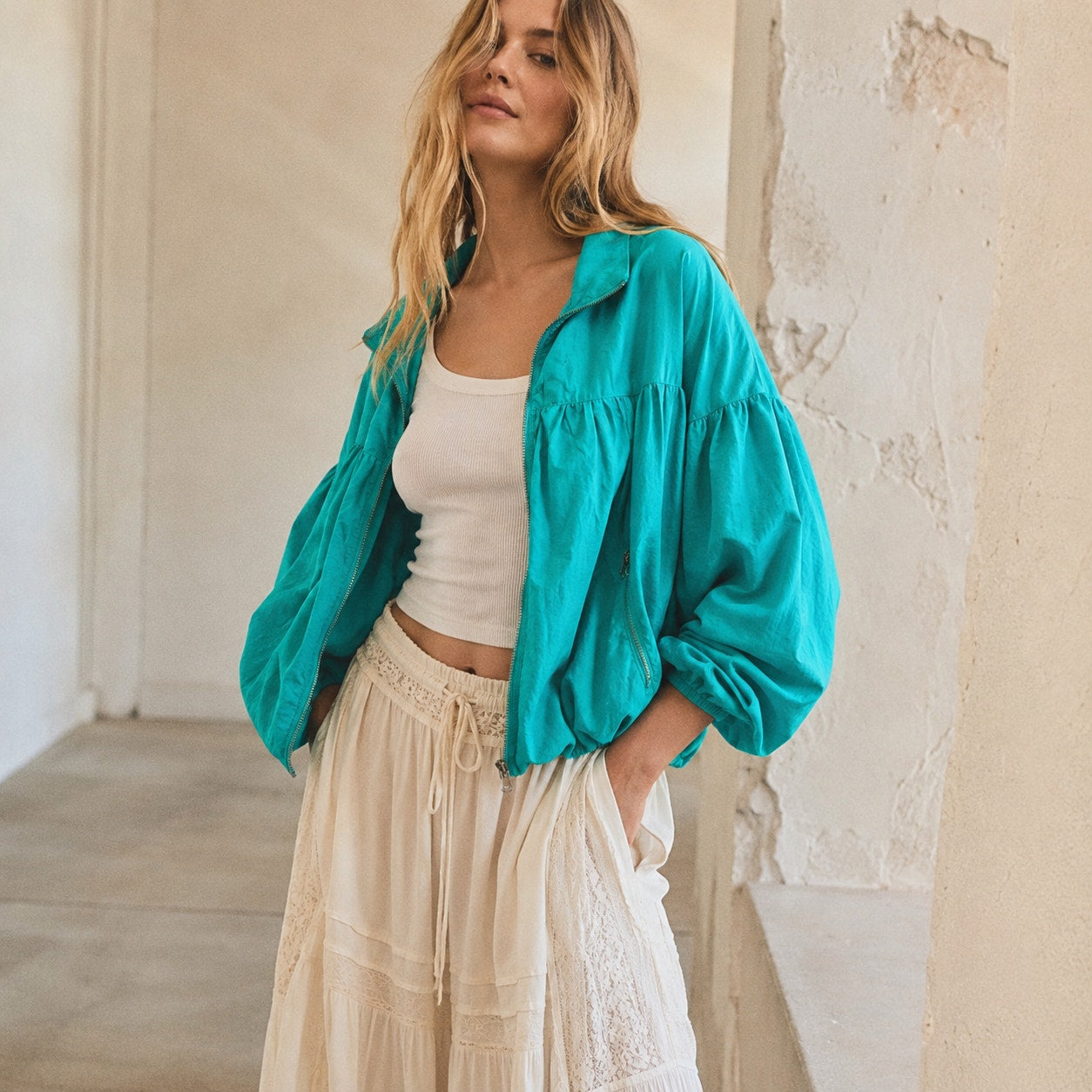 Free People Teal Now or Never Bomber Bubble Windbreaker Jacket, size XS