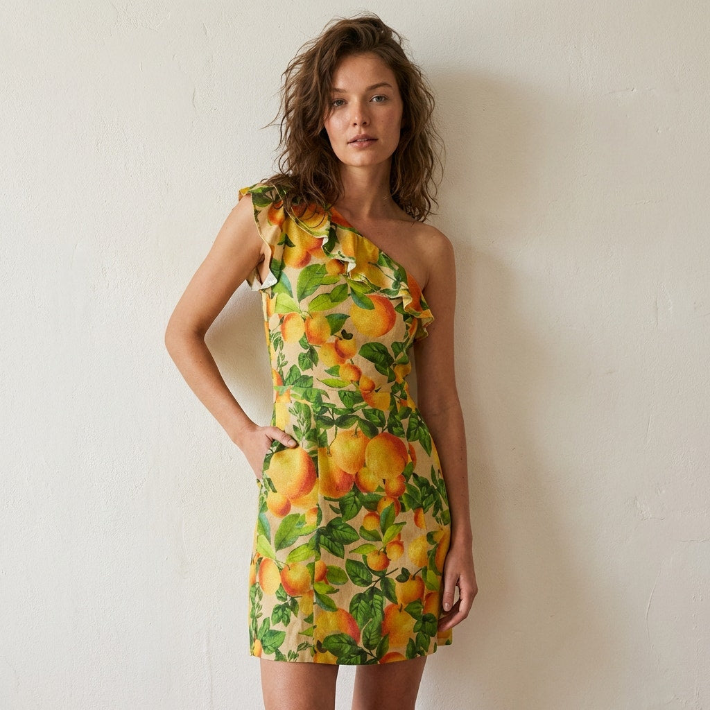 FARM Rio Orange Sands Citrus Print One Shoulder Linen Blend Mini Dress, size M