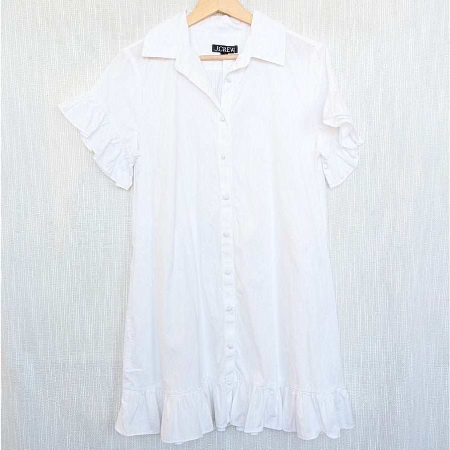 J.Crew Amelia Shirt Dress BY923 in Cotton Poplin Womens S White Ruffle Mini