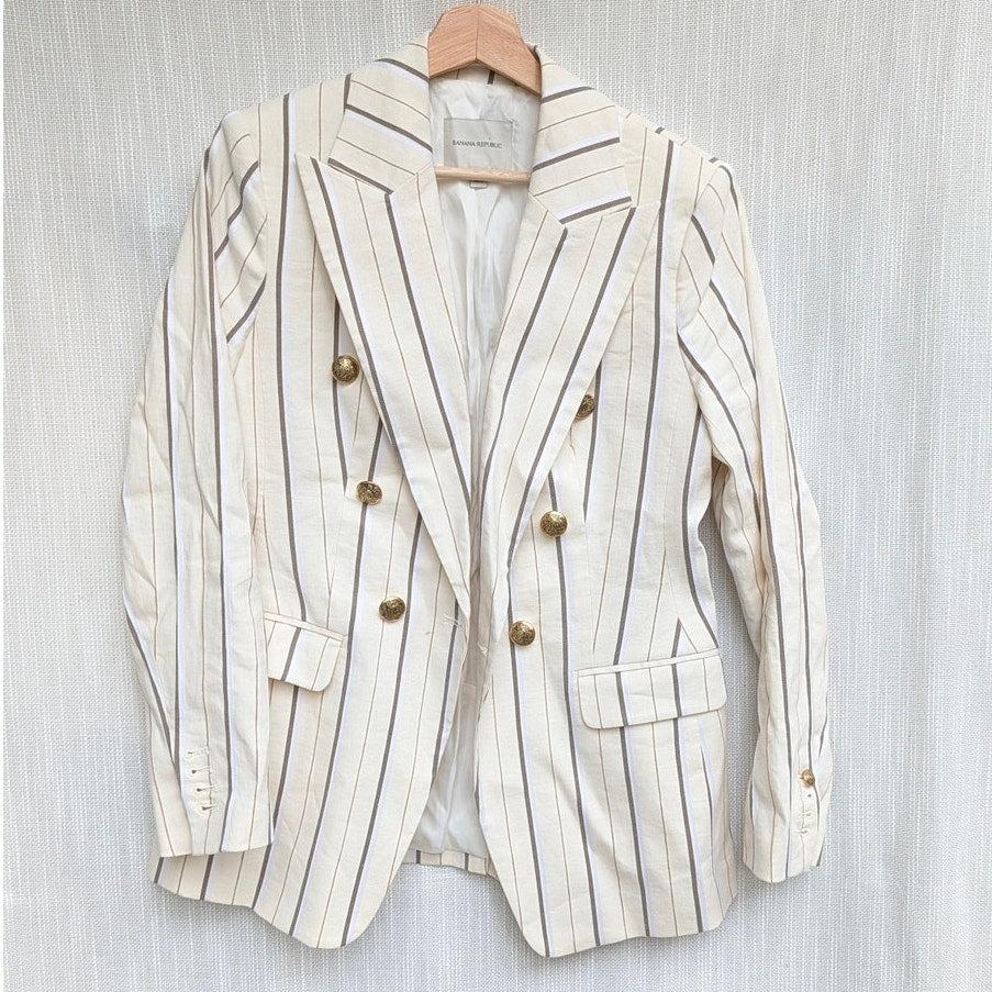 Banana Republic Alva Double-breasted Blazer Womens 4 Stipe Linen/Cotton 579142