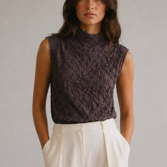 Massimo Dutti Creased-effect Funnel Neck Top 6865/927 Womens L Brown Sleeveless