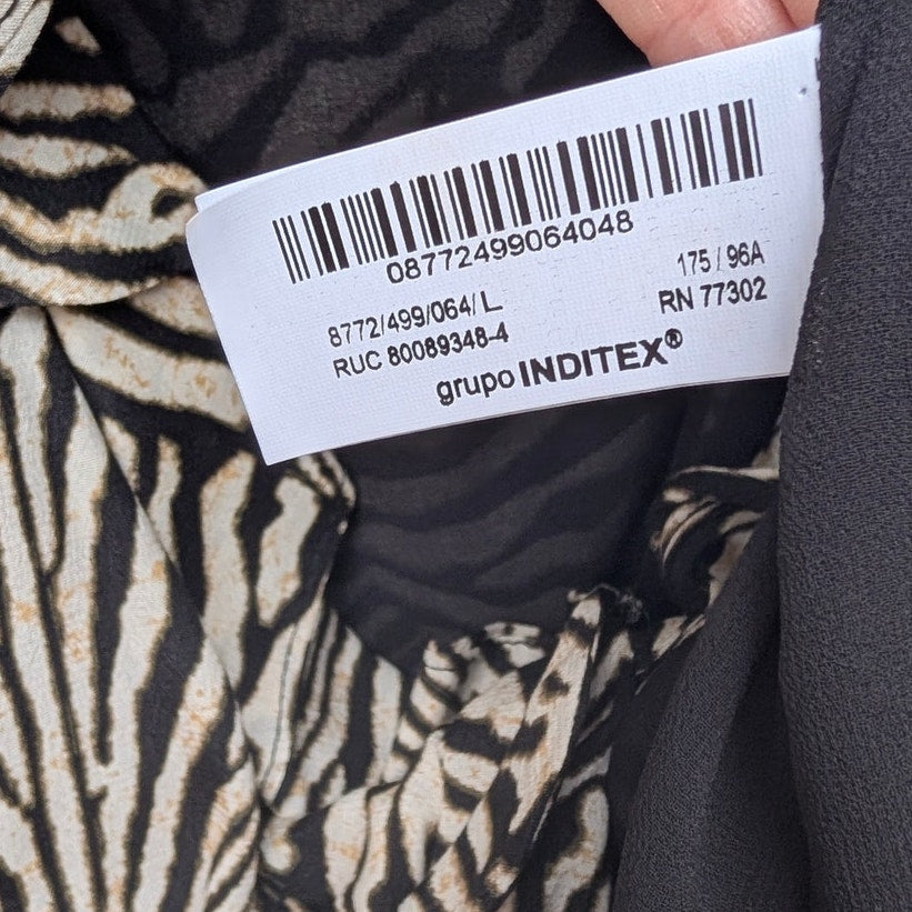 Zara Dress Womens L Cream/Black Animal print Long Sleeve Ruffle Wrap Style Mini