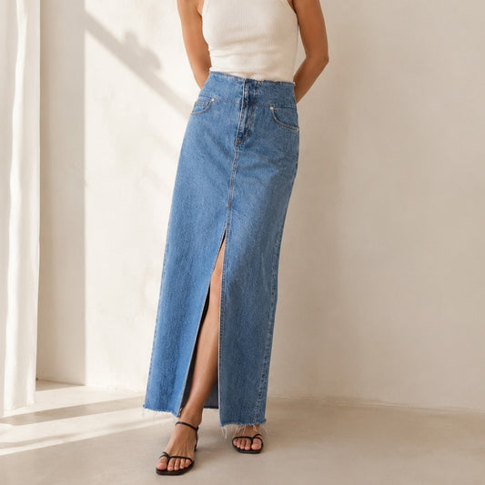 FRAME Blue Sea Level Cut Off Waist Denim Front Slit A-line Midi Maxi Skirt