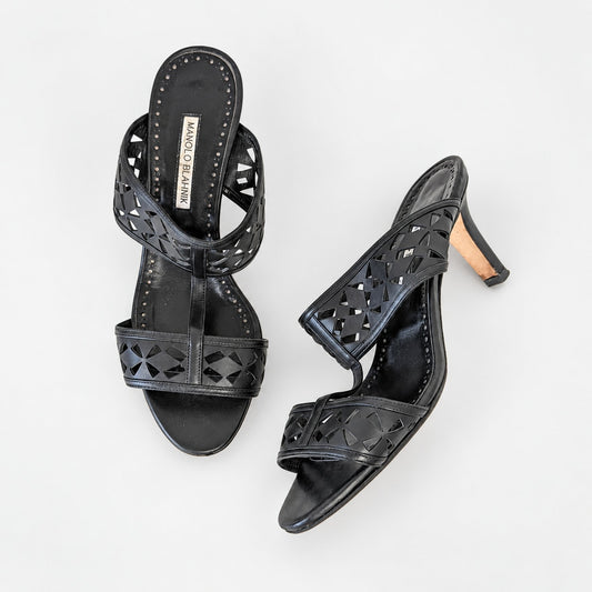 Manolo Blahnik Sophocles Cutout Leather Sandals Black EU 39.5