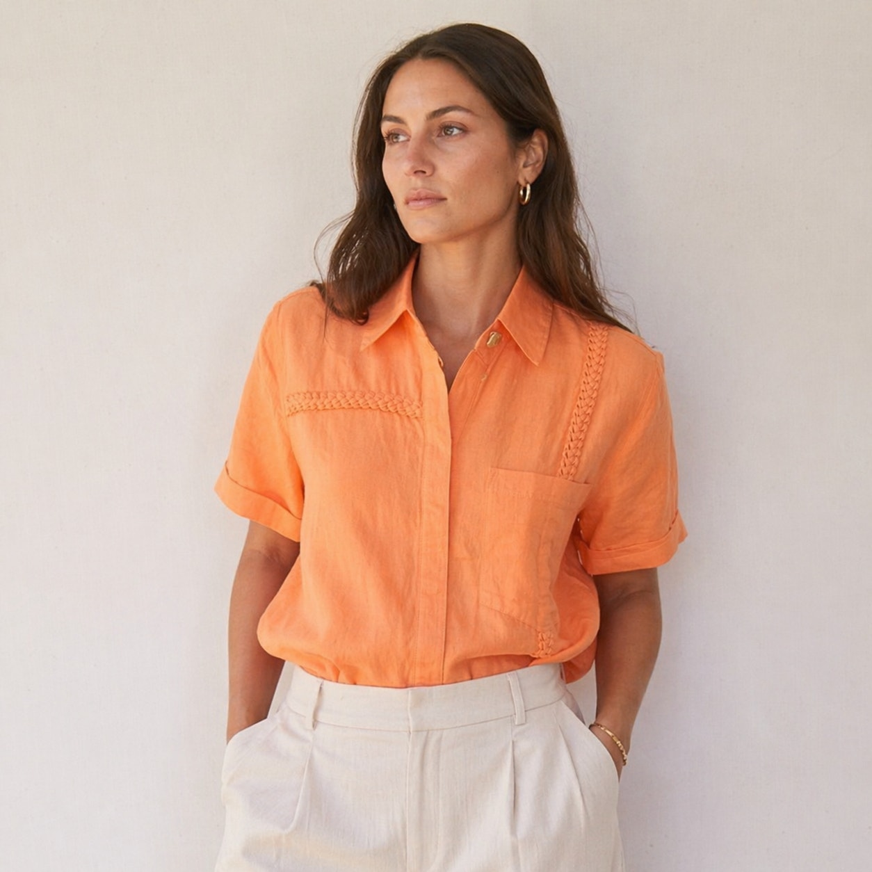 Aje. Cantina Braided Shirt Womens 4 Orange Linen Short Sleeve Button-up
