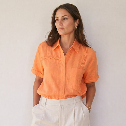 Aje. Cantina Braided Shirt Womens 4 Orange Linen Short Sleeve Button-up