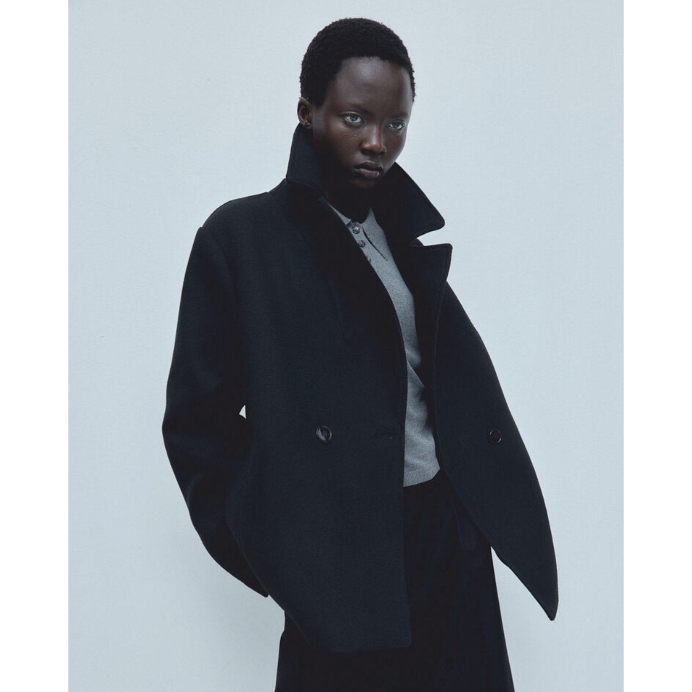 H&M HM Black Double-Breasted Short Peasant's Twill Jacket Pea Coat, size M