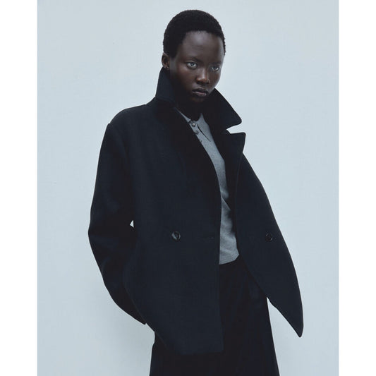 H&M HM Black Double-Breasted Short Peasant's Twill Jacket Pea Coat, size M