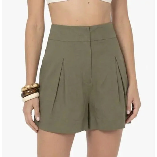 Just Bee Queen Dark Green High Waist Pleated Front Marlow Linen Shorts, size M