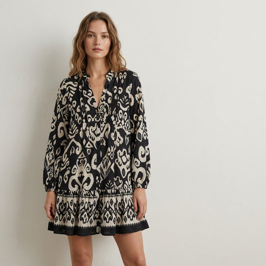 Zara Dress Womens S Black/White Printed Long Sleeve V-neck Relaxed Shirt Mini