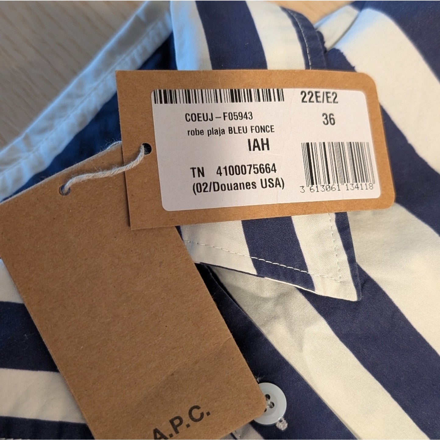 NWT APC Rue Madame Plaja Dress Striped White/Navy Shirt Dress Robe, size 36
