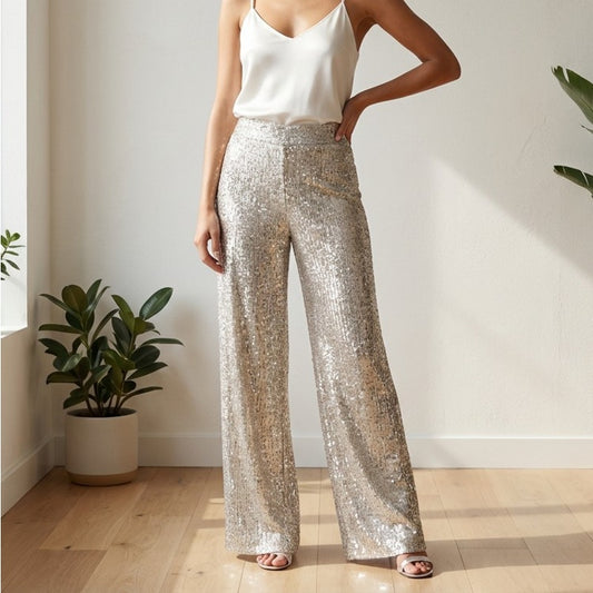 NWT Banana Republic Gold/Silver High Rise Wide Leg Lined Sequin Pants, size XSP