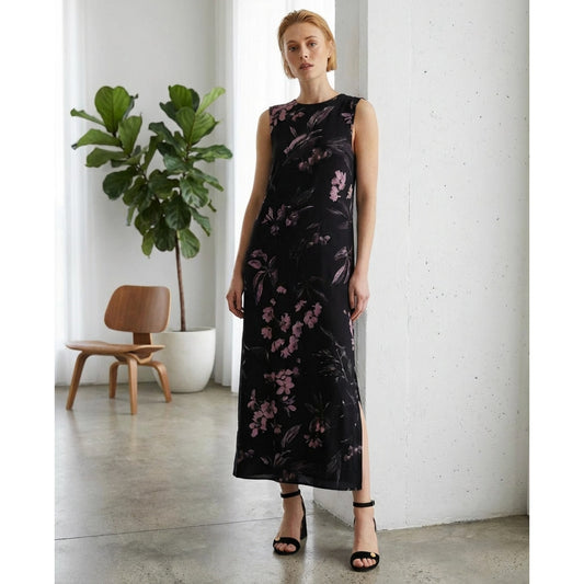 Ted Baker Avial Sleeveless Stretchy Floral Black/Pink Printed Midi Dress, 3/L