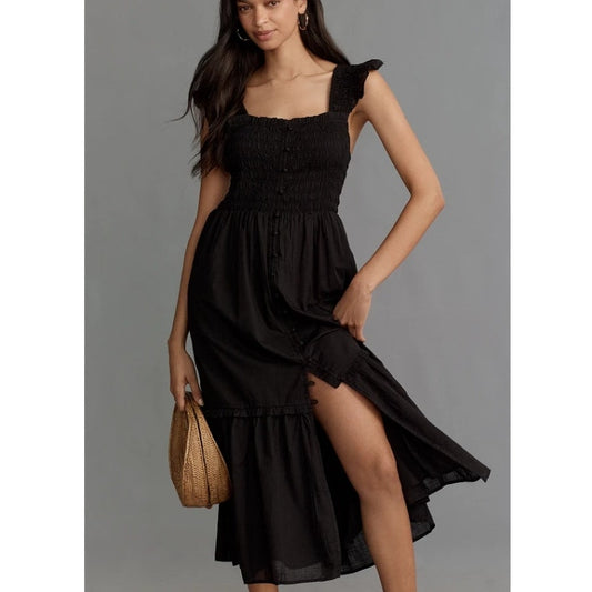 Anthropologie The Peregrine Square-Neck Midi Dress Womens L Black Smocked A-line