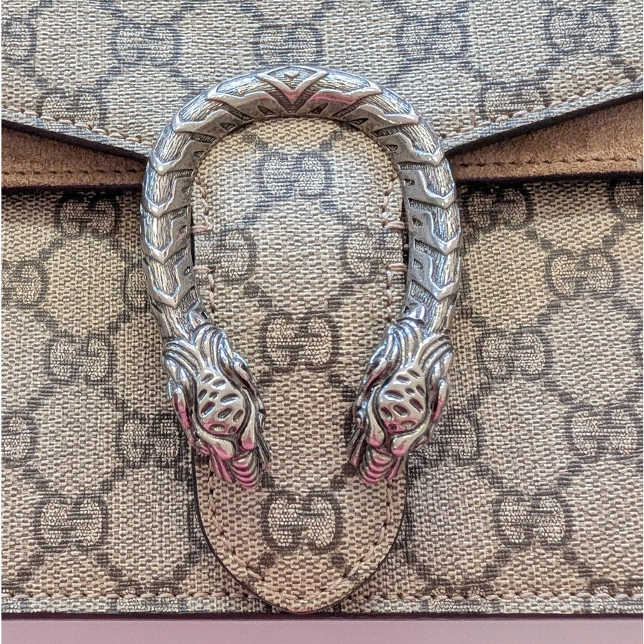 Gucci GG Dionysus Tiger Head  Canvas Shoulder Bag Womens Beige Logo Metal Chain