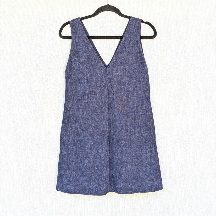 Theory Linen Dress Womens S Navy Sleeveless Deep V-neck Shift A-line Mini