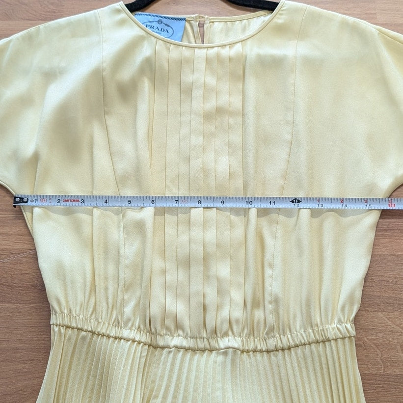PRADA Pleated Short Sleeves Dress Womens IT40/S Yellow Crew Neck Knee Length