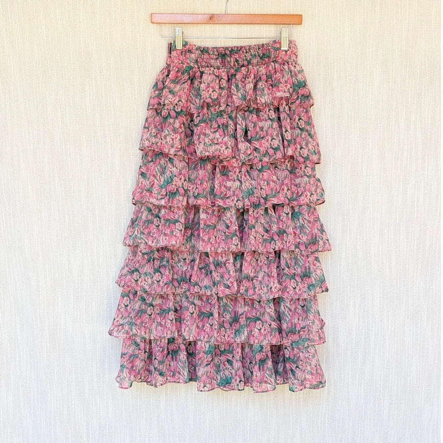 En Saison Lyra Tiered Midi Skirt Womens S Pink Floral Print High-rise Bohemian