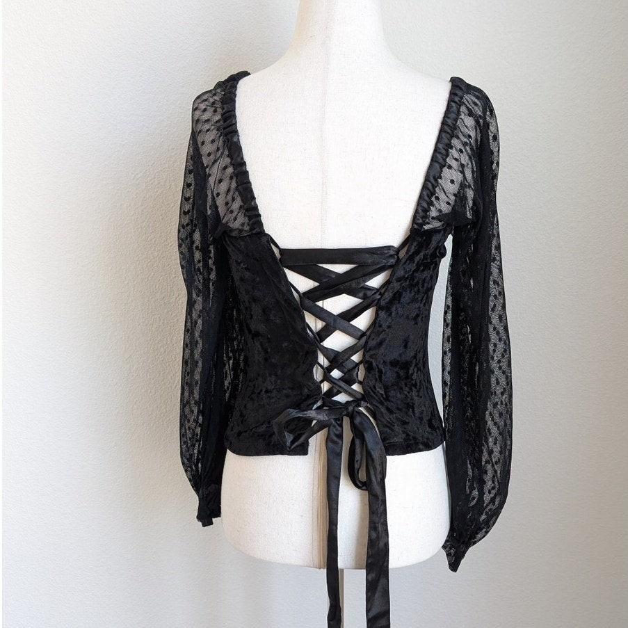 Anthropologie Porridge Black Velvet Lace Tie-Back Blouse Long Sleeve Top, sz XS