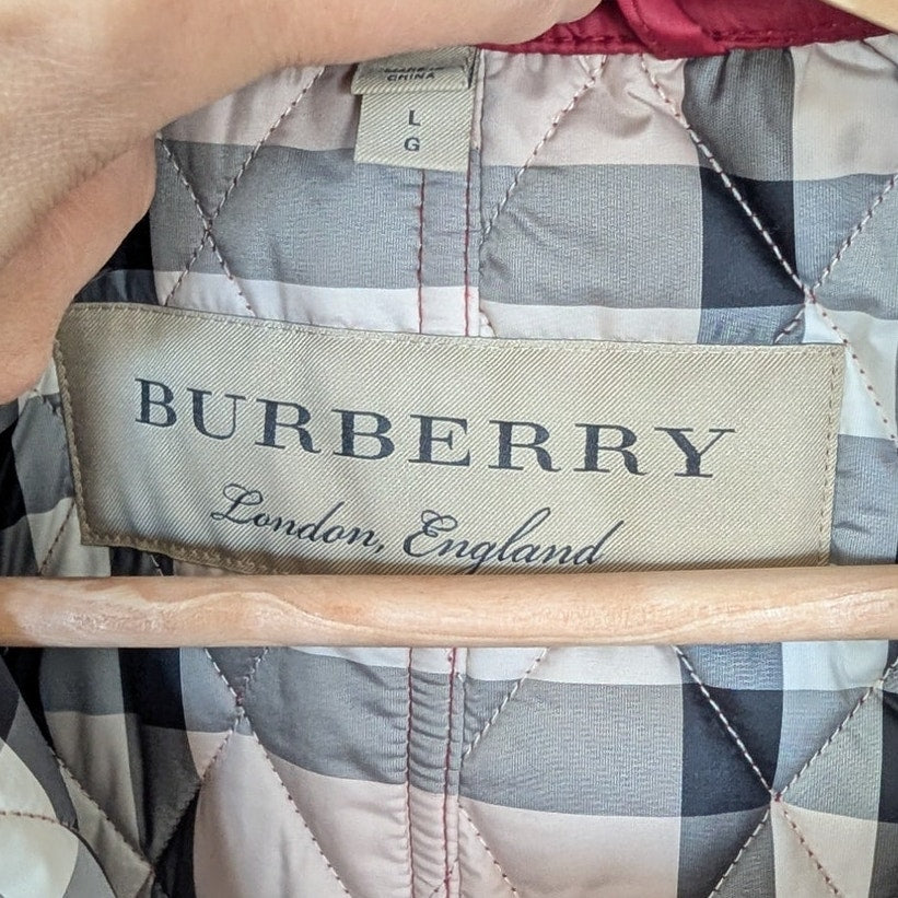 Burberry Finsbridge Red Quilted Hooded Belted Jacket Womens L Full Zip