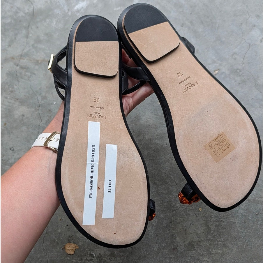 Lanvin Swing Melodie Leather Crystal-Embellished Flat Sandals Womens EU 38/US 7
