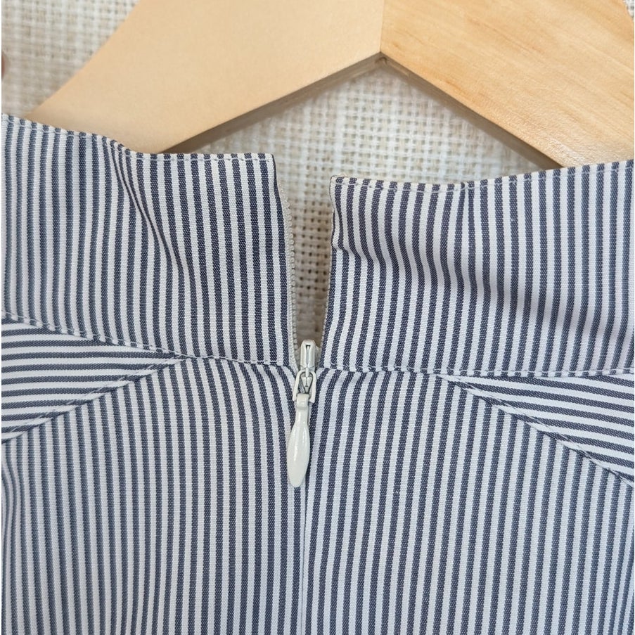 Akris Punto Blue/White Micro Striped Belted Midi Dress Womens 10 NWT
