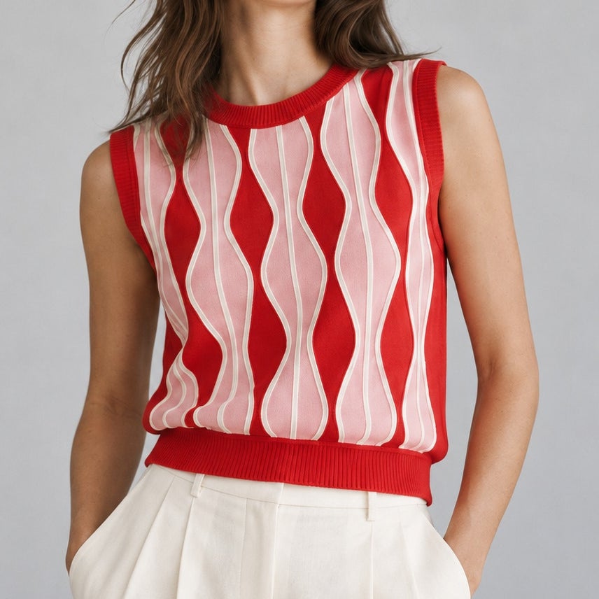 Eva Franco Mimma Harlequin Pink Red Striped Sleeveless Knit Top Size M