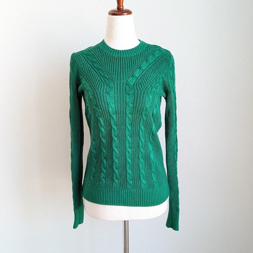 Lauren Ralph Lauren Green Cable Knit Cotton Long Sleeve Sweater, size S