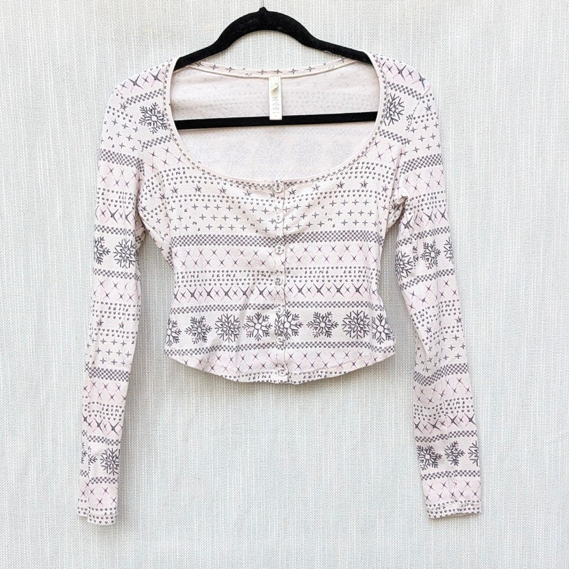 SKIMS Logo Plush Pointelle Henley Pullover Womens L Cream Fair Isle Long Sleeve