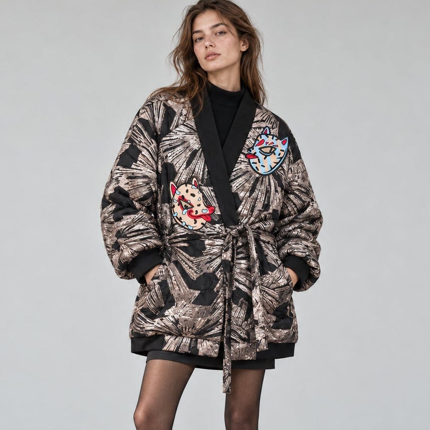 Katya Dobryakova Cat Appliqué Metallic Kimono Bomber Jacket M