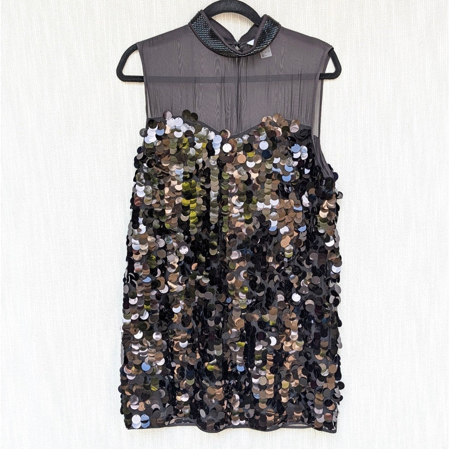 H&M Edition Dress Womens S  Sequin Beaded Sheer High Neck Sleeveless Sheath Mini